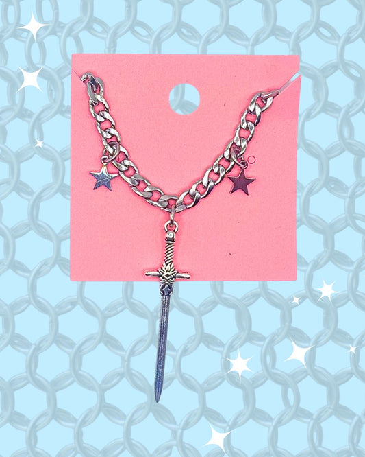 Sword Silver Stainless Steel Star Curb Chain Necklace