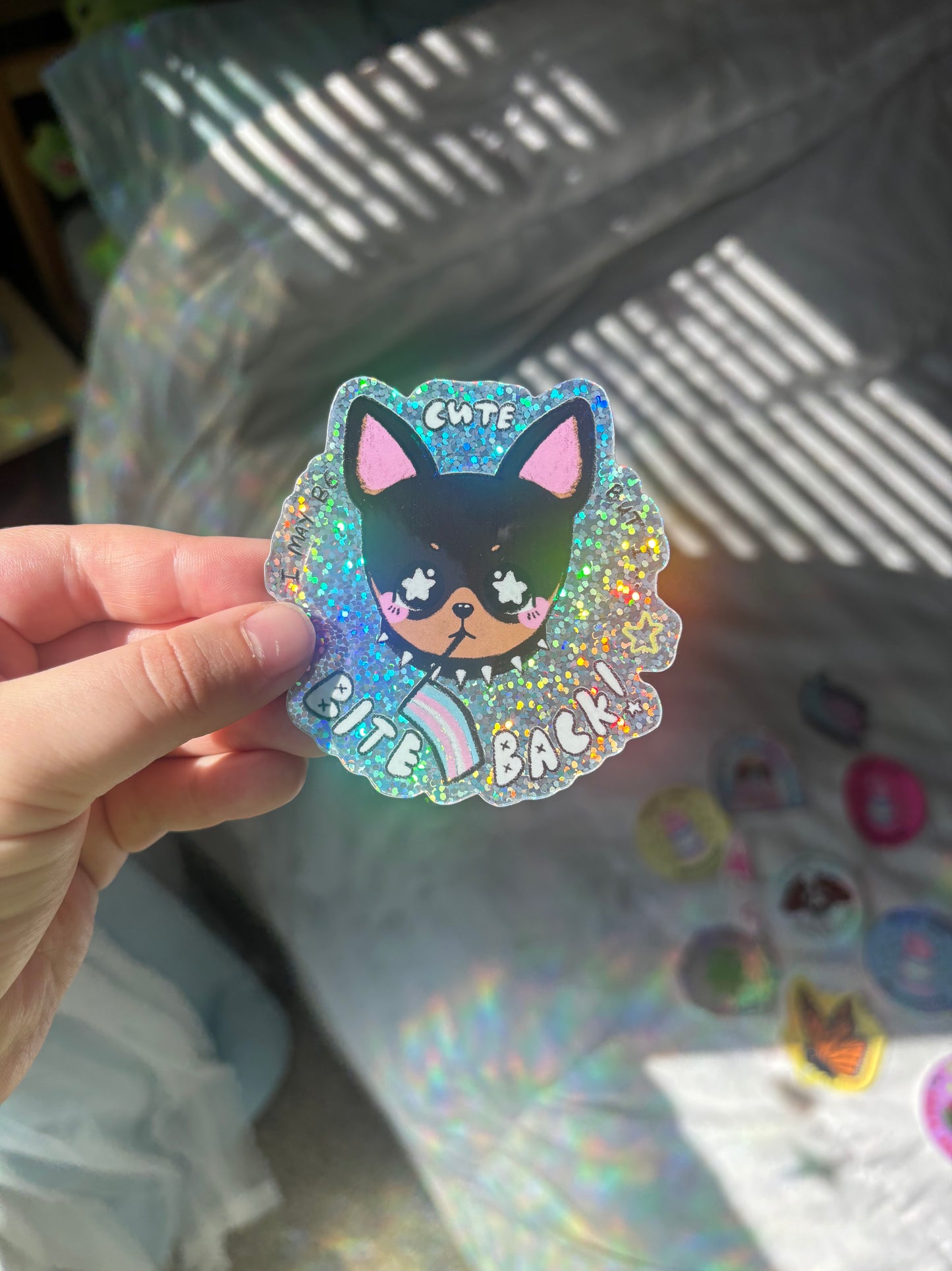 "I Bite Back!" Sparkly Trans Dog Sticker