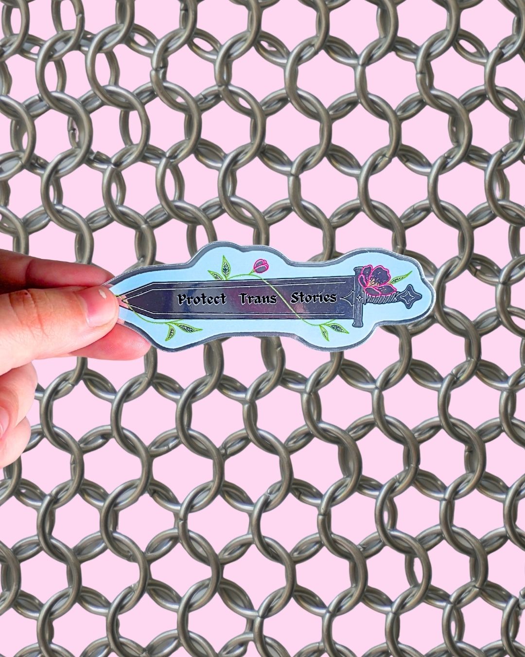 "Protect Trans Stories" Metallic 3" Sword Sticker