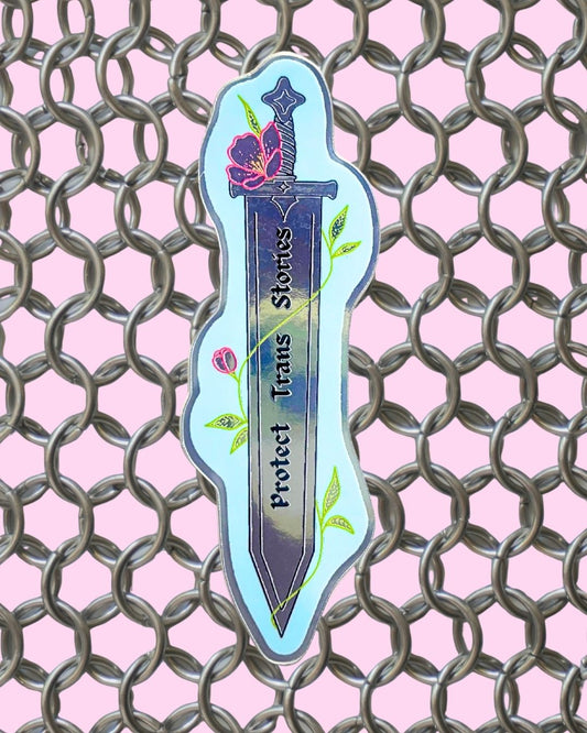 "Protect Trans Stories" Metallic 3" Sword Sticker