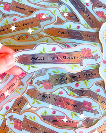 "Protect Trans Stories" Metallic 3" Sword Sticker