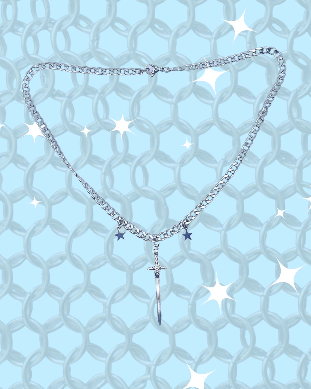 Sword Silver Stainless Steel Star Curb Chain Necklace