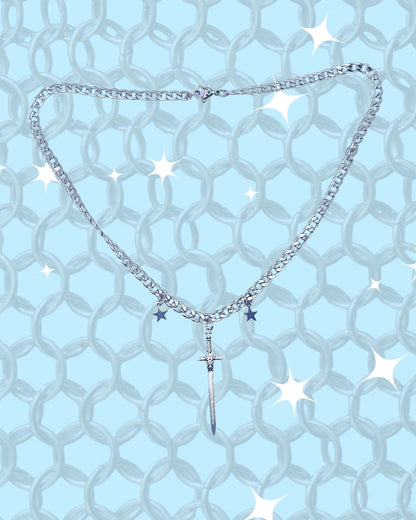 Sword Silver Stainless Steel Star Curb Chain Necklace