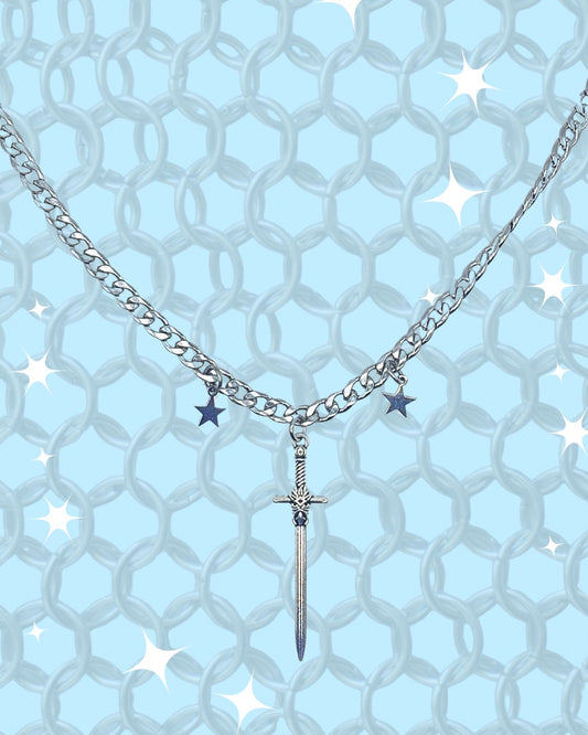 Sword Silver Stainless Steel Star Curb Chain Necklace