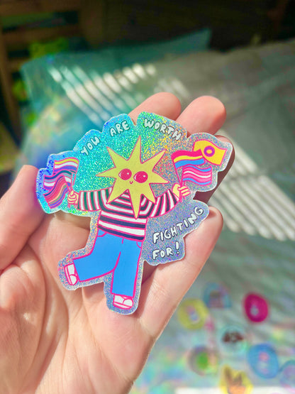 "Worth Fighting For" LGBTQ+ Pride Ally Star Sparkly Sticker
