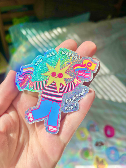 "Worth Fighting For" LGBTQ+ Pride Ally Star Sparkly Sticker