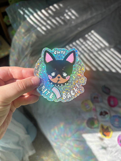 "I Bite Back!" Sparkly Trans Dog Sticker