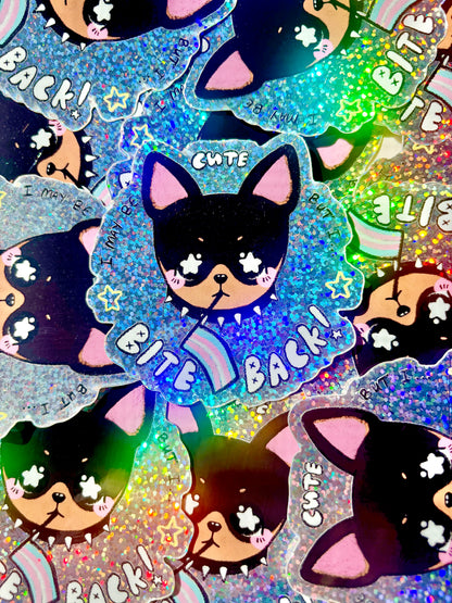 "I Bite Back!" Sparkly Trans Dog Sticker