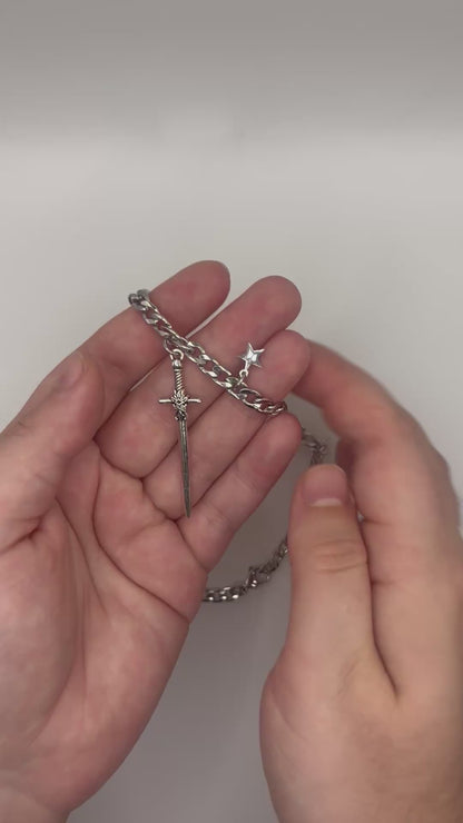 Sword Silver Stainless Steel Star Curb Chain Necklace