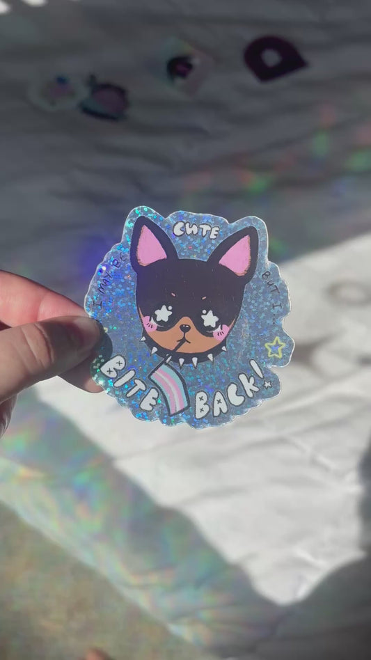 "I Bite Back!" Sparkly Trans Dog Sticker