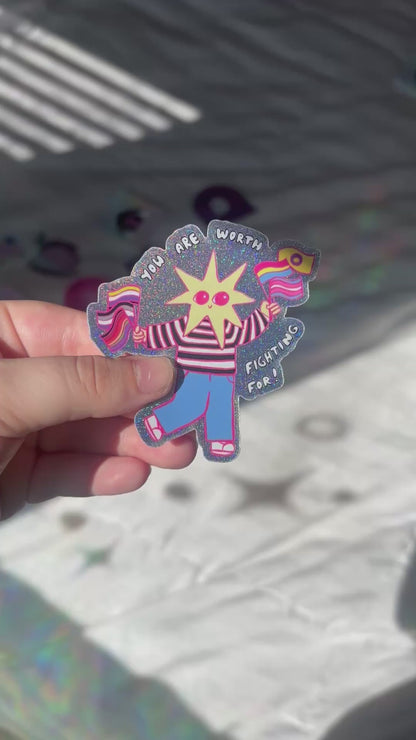 "Worth Fighting For" LGBTQ+ Pride Ally Star Sparkly Sticker
